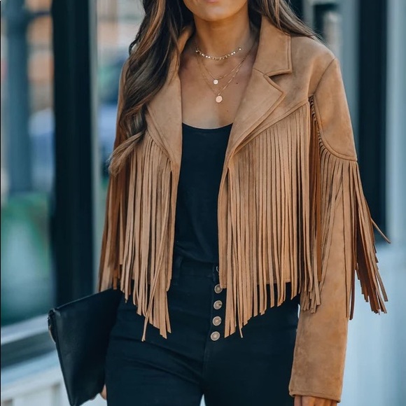 Camel Suede Cropped Fringe Jacket - Picture 3 of 5